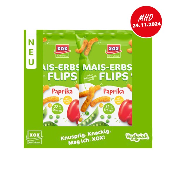 XOX Mais Erbsen Flips Paprika 100g Karton MHD 24.11.2024